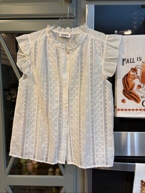Inapril1986 Paris French White Cotton Eyelet Ruffle-Sleeve Blouse NWT Small